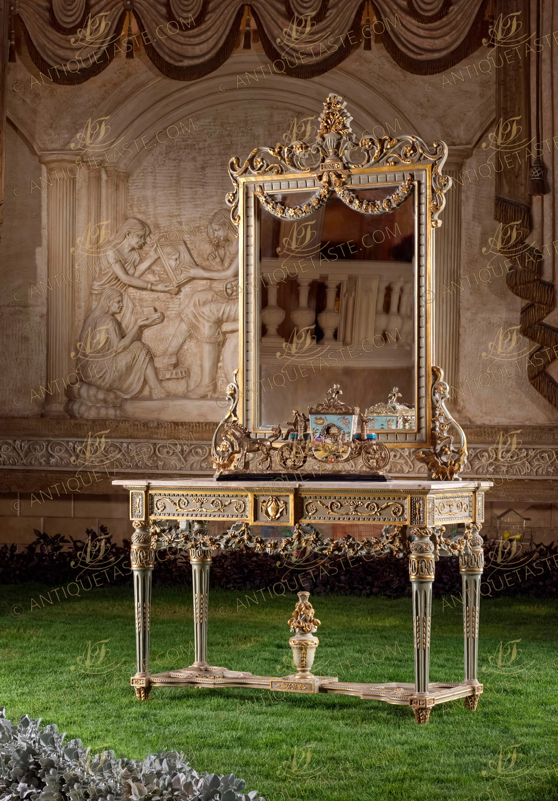 Louis XVI style green painted and giltwood console with mirror